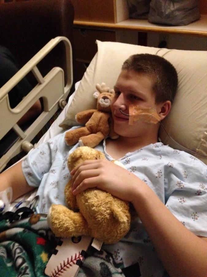 Collin Brown lays in hospital bed after an emergency surgery to remove his apendix. Brown was quickly also diagnosed
with a bowel obstruction, causing him to be hospitalized for a month.
Photo courtesy of Collin Brown