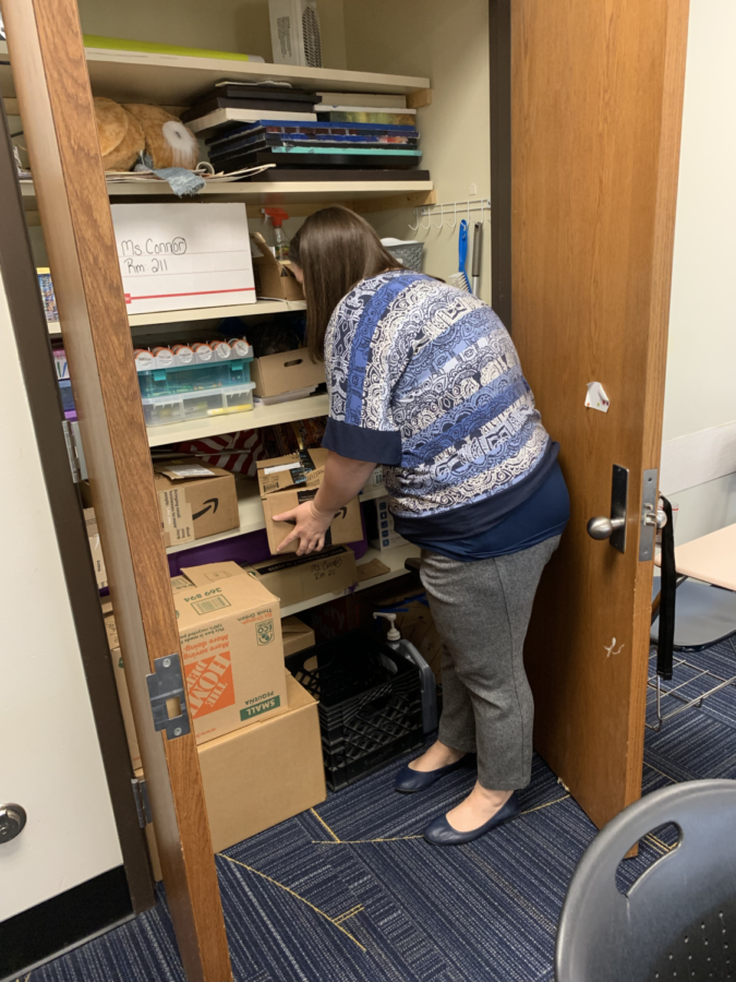 Sheila+Connor%2C+an+English+teacher%2C+packs+up+her+classroom%2C+into+her+closet+in+preparation+for+the+next+school+year.+As+a+tenured+teacher%2C+she+has+acquired+a+number+of+classroom+supplies+that+require+a+great+deal+of+storage+space.++
