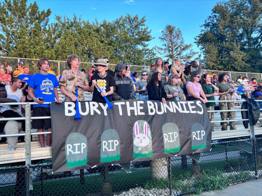 The student section at the Omaha North v. Benson football game cheers their team to victory. The banner in front of them was made by Pep Club.
PHOTO BY RACHEL ANASTASIA